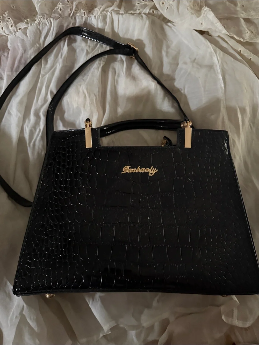 Black Croc-Embossed Top-Handle Shoulder Bag. NWOT. Never used